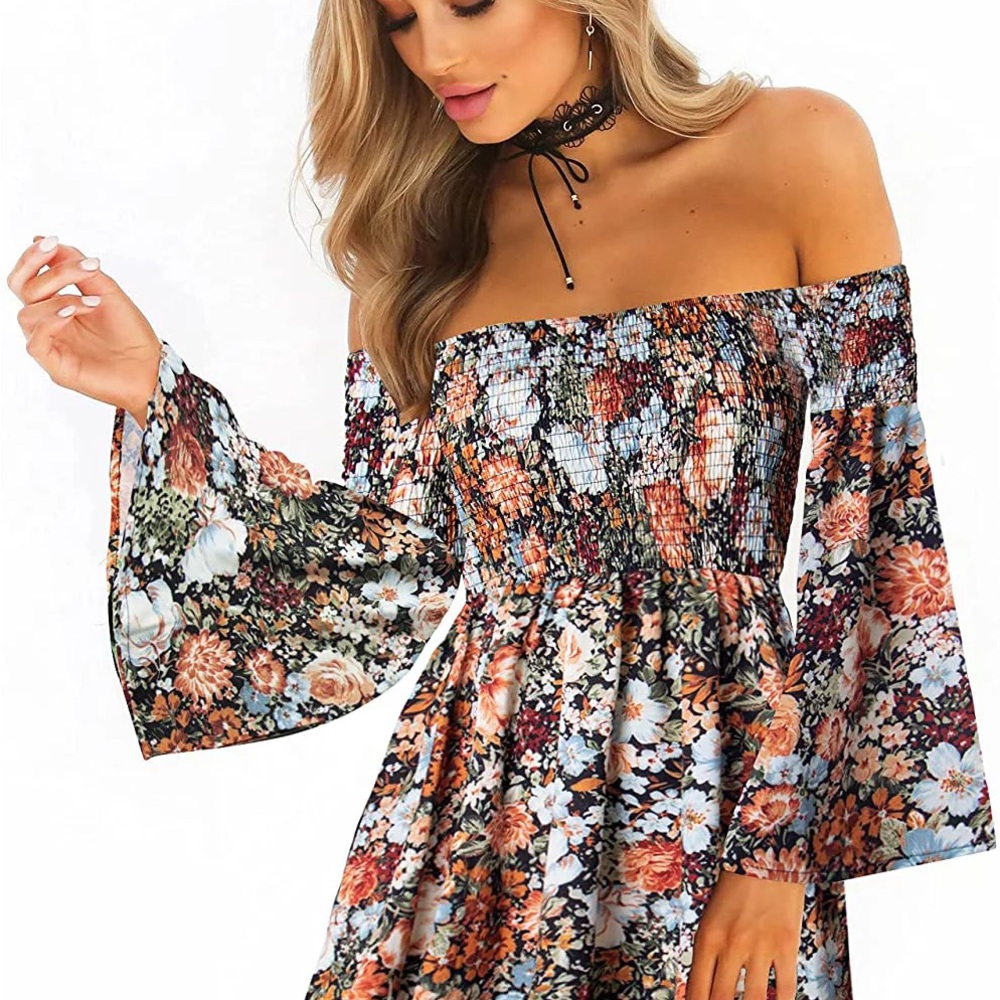 Women's Dress Summer Floral Long‎ Sleeve Off Shoulder Casual Mini Dresses NWOT M - Picture 2 of 2